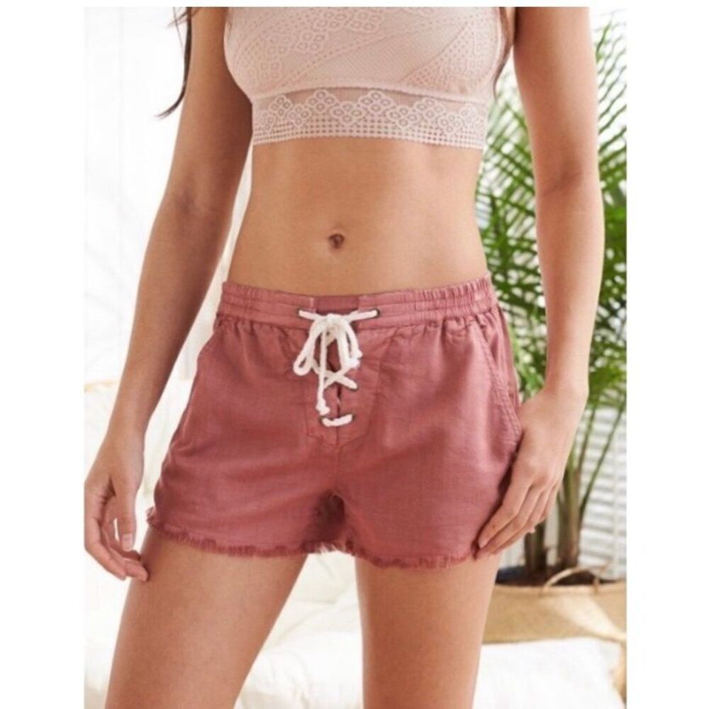 Aerie Lace Up Distressed Frayed Beach Shorts Mauve Medium
